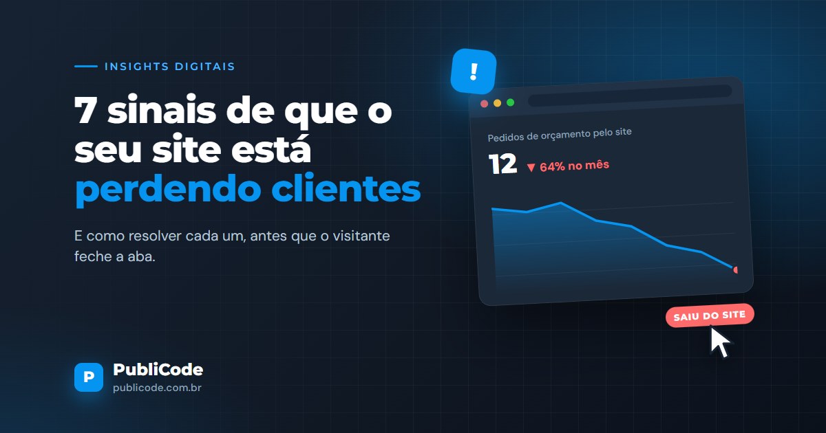 Arte com o título "7 sinais de que o seu site está perdendo clientes" e a ilustração de um painel de site mostrando os pedidos de orçamento em queda.
