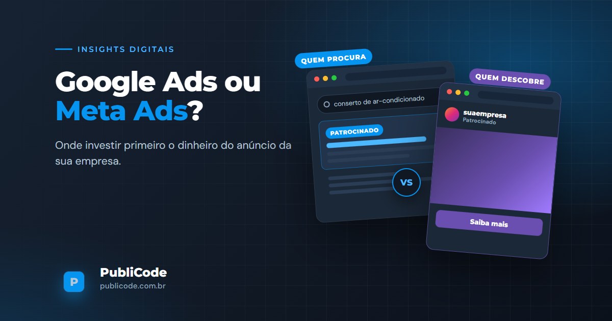 Arte com o título "Google Ads ou Meta Ads?" e, lado a lado, um resultado patrocinado na busca e um post patrocinado no feed, separados por "VS".