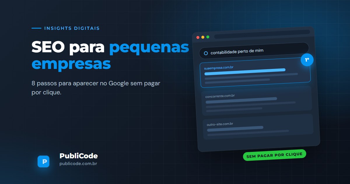 Arte com o título "SEO para pequenas empresas" e uma página de resultados do Google com o primeiro resultado em destaque e a marca "1º".