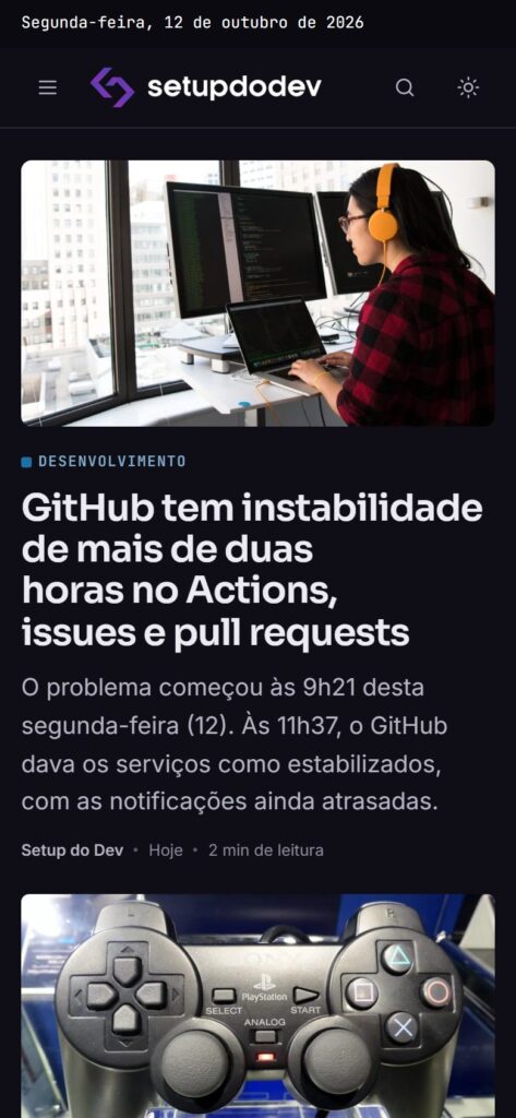 Página inicial do Setup do Dev no celular, no tema escuro