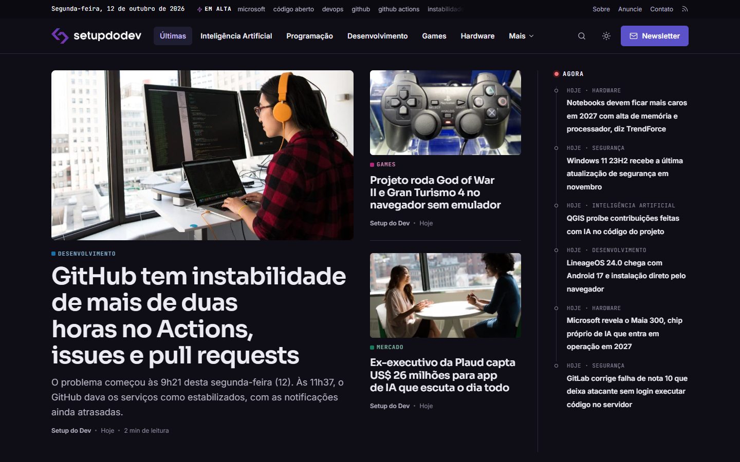 Página inicial do Setup do Dev, com a manchete, as notícias em destaque e a coluna das mais recentes
