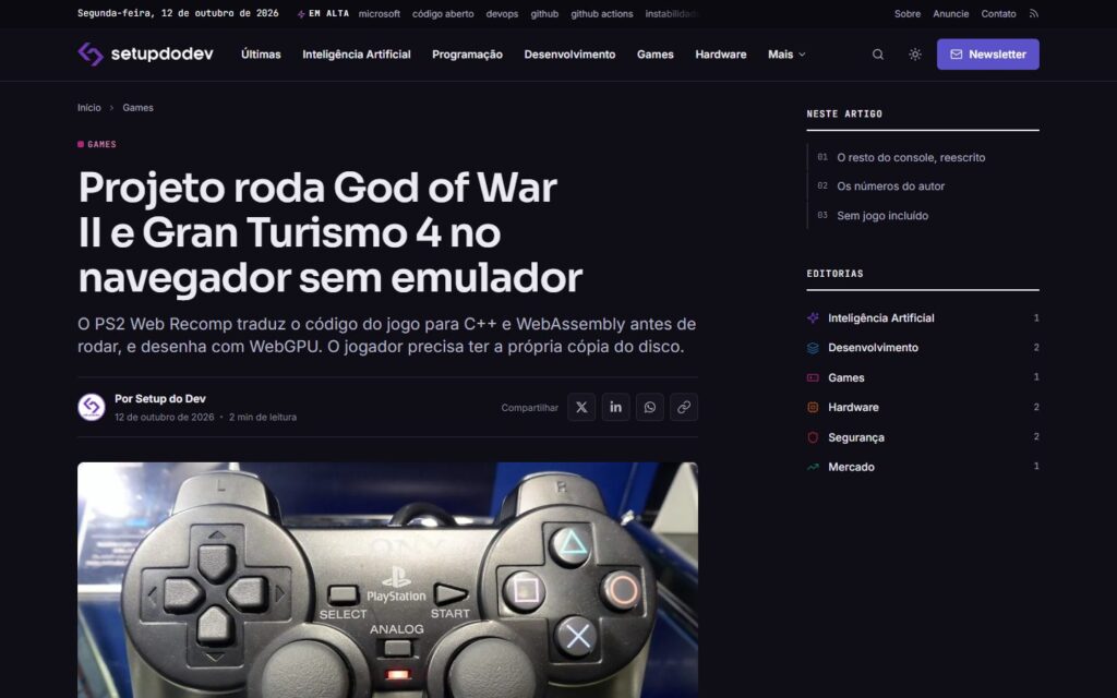 Página de uma notícia do Setup do Dev, com o título, a linha fina, a foto e o índice ao lado