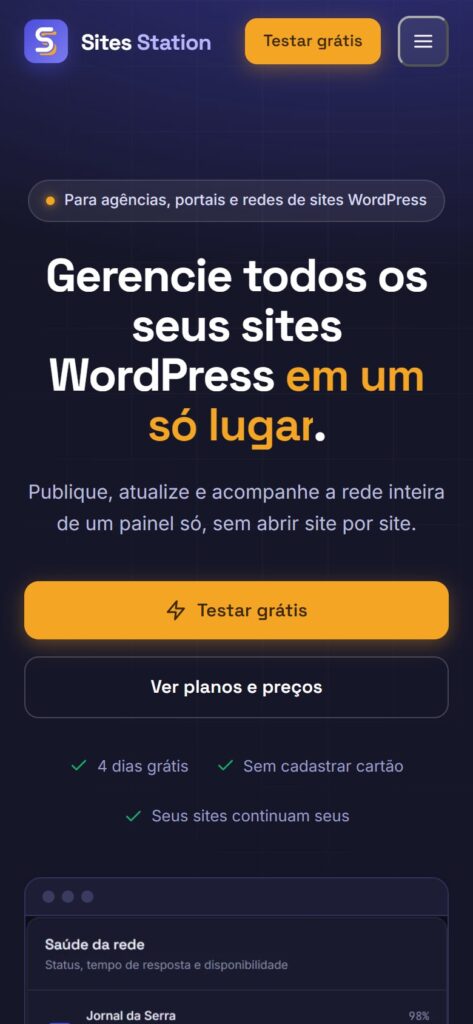 Página inicial do Sites Station no celular