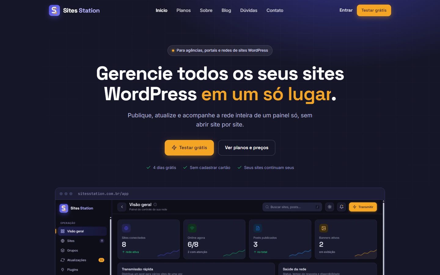 Página inicial do Sites Station, com o painel de controle da rede de sites