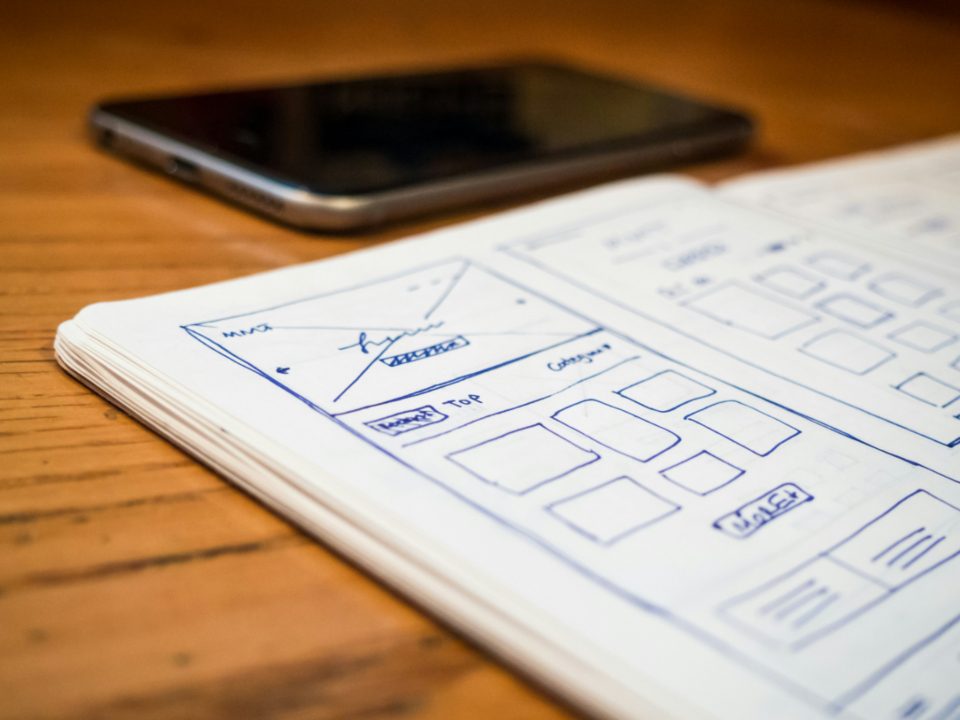 Caderno aberto com esboços de wireframe de páginas de site sobre uma mesa de madeira